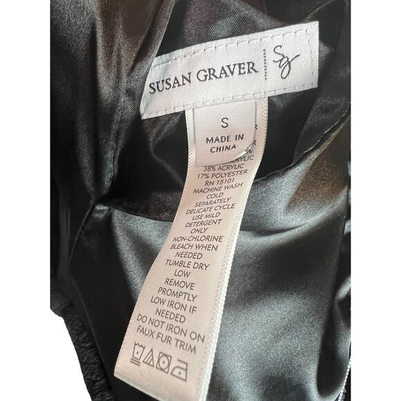 Susan Graver Black Reversible Coat Jacket Faux Fur Satin Hood S Small - Picture 11 of 13